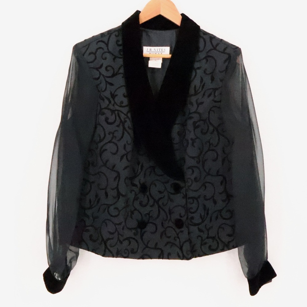 J.R. Nites Velvet Burnout Evening Jacket Womens Size 16W Black Vintage 90s Sheer